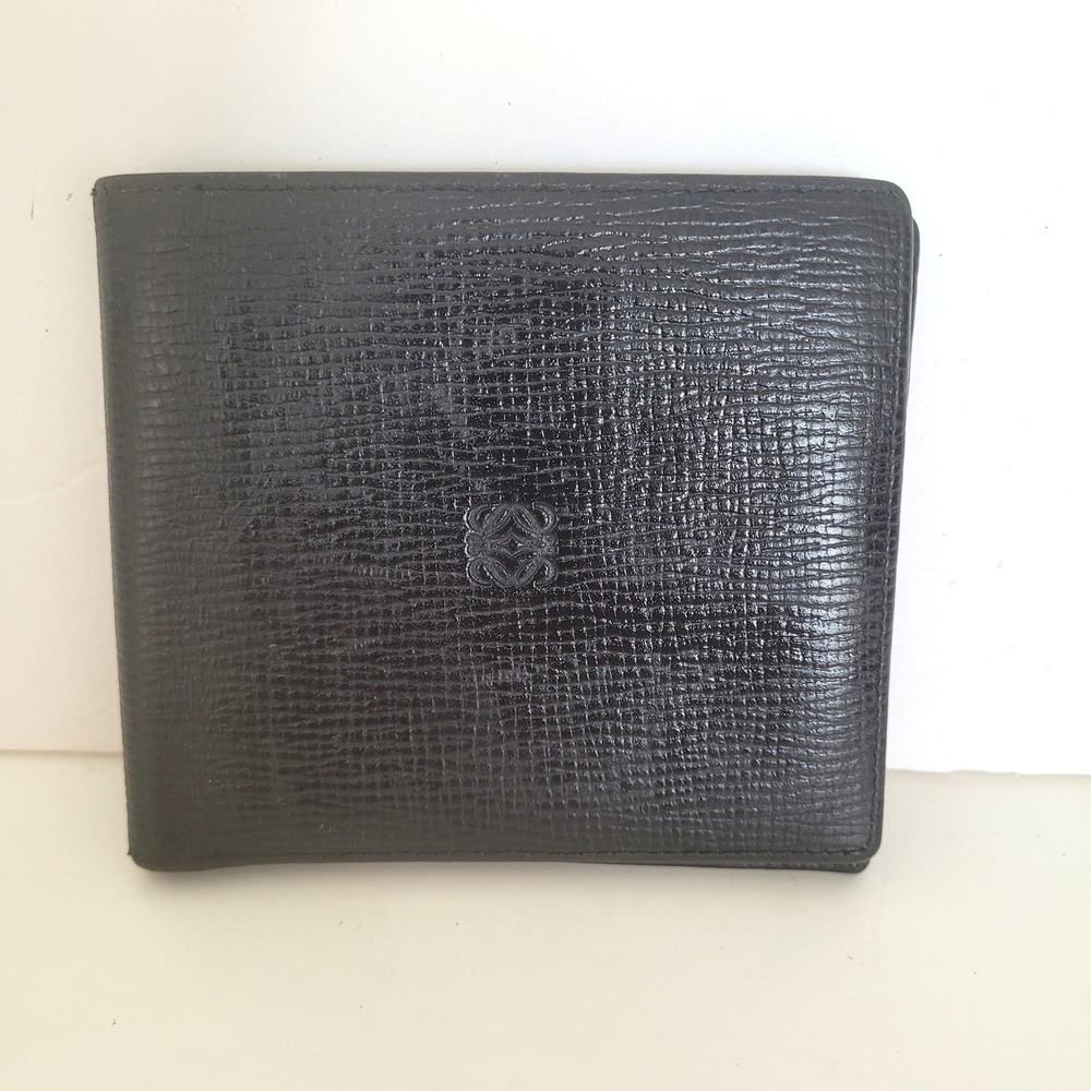 Loewe Mens Bifold Wallet Black Textured Leather Anagram Logo 8 Card Slots